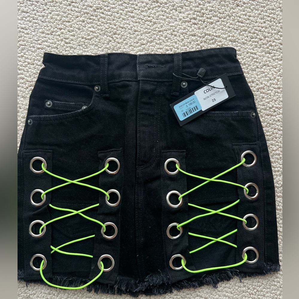 Carmar- denim black skirt with neon green lace up details